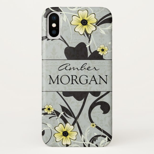 Coques Case-Mate iPhone Monogramme floral jaune et noir (Dos)