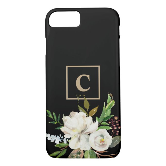 Coques Case-Mate iPhone Monogramme floral moderne noir chic (Dos)