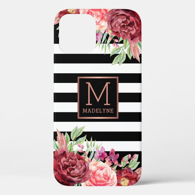 Coques Case-Mate iPhone Monogramme floral noir blanc rayé Rose or (Verso)