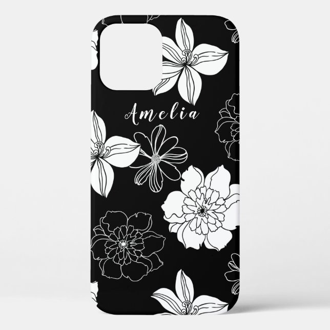 Coques Case-Mate iPhone Monogramme Floral noir et blanc (Verso)