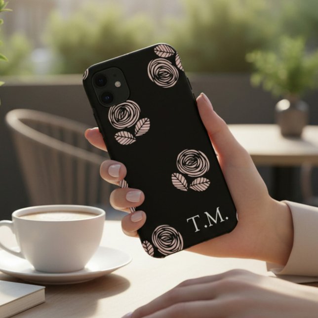 Coques Case-Mate iPhone Monogramme Floral noir et rose (Créateur téléchargé)
