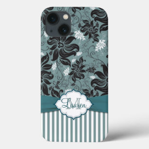 Etui iPhone 13 Monogramme floral noir, turquoise, blanc