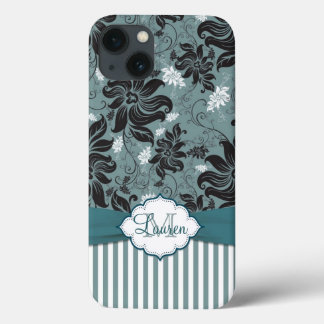 Etui iPhone 13 Monogramme floral noir, turquoise, blanc