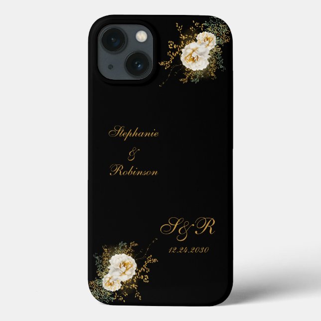 Coques Case-Mate iPhone Monogramme Floral Or sur Mariage noir (Verso)