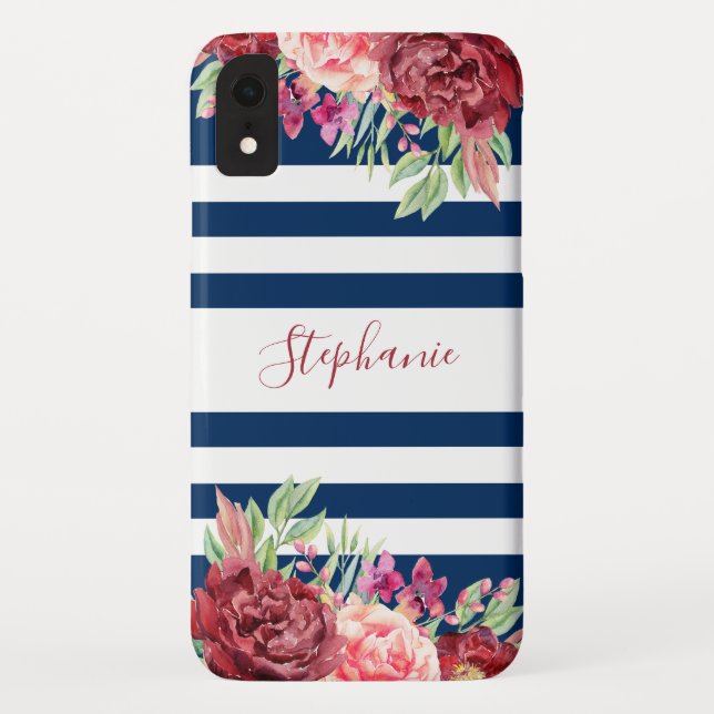 Coques Case-Mate iPhone Monogramme floral rayé bleu marine (Dos)