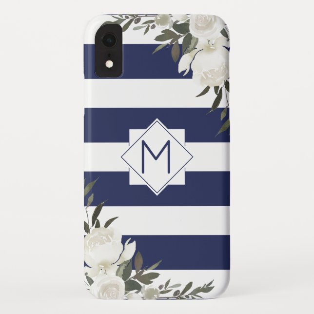 Coques Case-Mate iPhone Monogramme floral rayé bleu marine avec roses blan (Dos)