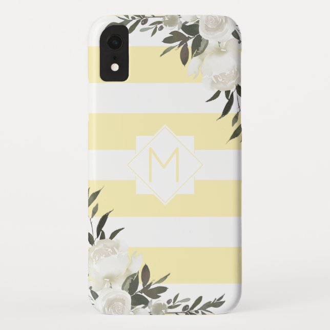 Coques Case-Mate iPhone Monogramme floral rayé jaune avec roses blanches (Dos)