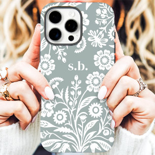 Coque iPhone 16 Pro Max Monogramme Floral Rétro Fleur Sauvage Vert Sauge