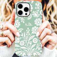 Monogramme floral rétro sauvage vert menthe