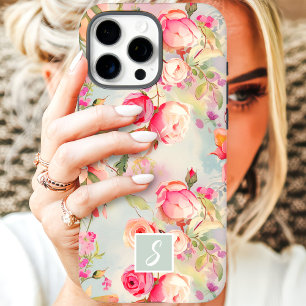 Coque iPhone 16 Pro Max Monogramme floral rose et pêche vintage