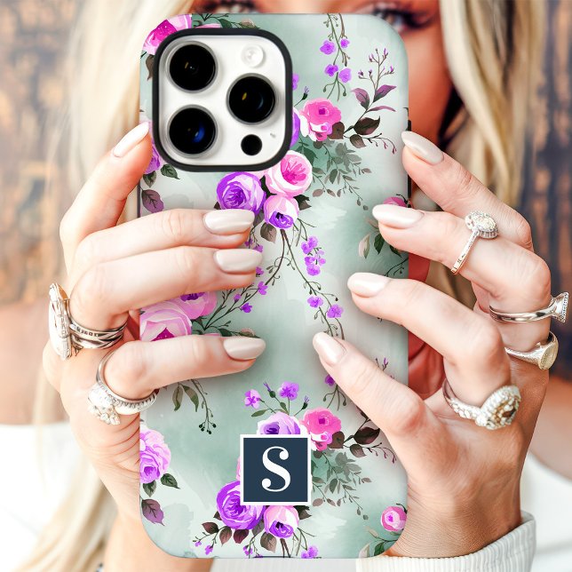 Coques Case-Mate iPhone Monogramme floral rose et violet (Créateur téléchargé)