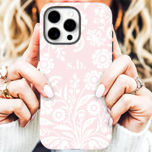 Coque iPhone 16 Pro Max Monogramme Floral Rose Pâle Fleur Sauvage Rétro