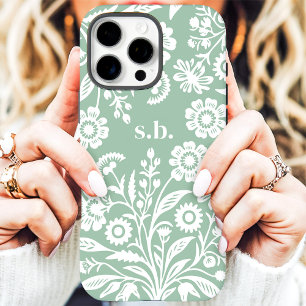 Coque iPhone 16 Pro Max Monogramme Floral Vert Menthe Fleur Sauvage Rétro