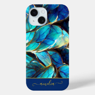 Coque Case-Mate iPhone Monogramme Fractal en Verre à Gradient Bleu Abstra