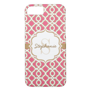 Coque iPhone 8/7 Monogramme Fuchsia et Gold Quatrefol