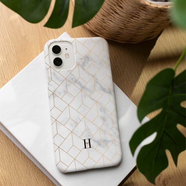Coques Case-Mate iPhone Monogramme géométrique Art déco or et marbre (Créateur téléchargé)