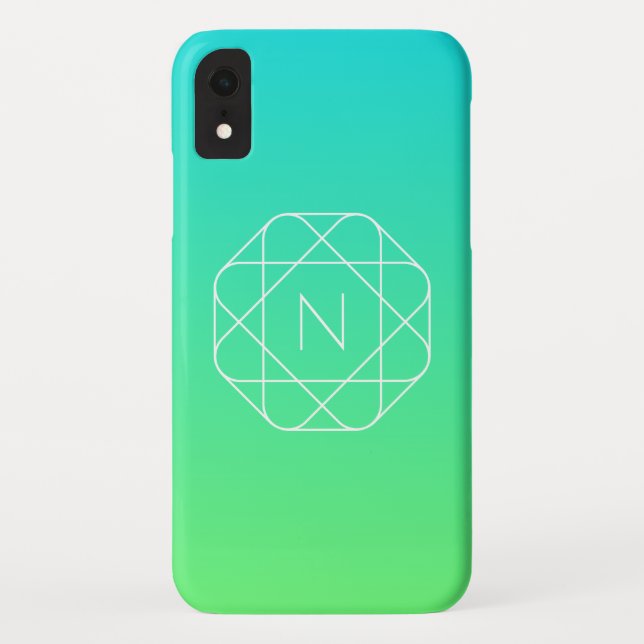 Coques Case-Mate iPhone Monogramme géométrique cool | Dégradé bleu et vert (Dos)