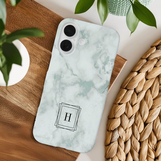 Coques Case-Mate iPhone Monogramme géométrique de marbre vert de la mer mo (Créateur téléchargé)