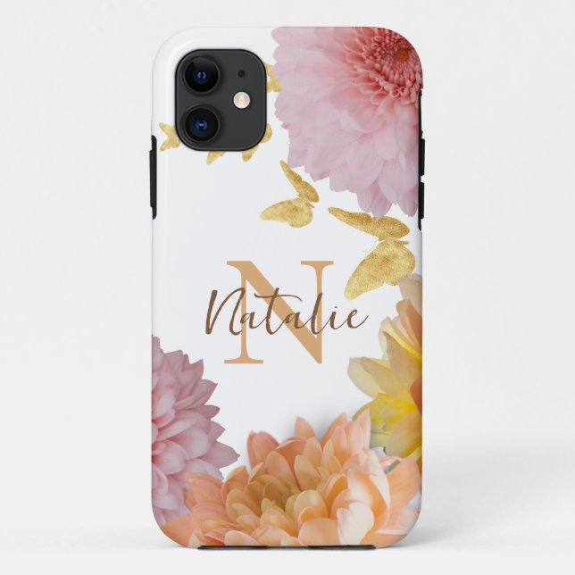 Coques Case-Mate iPhone Monogramme girly Photo de fleurs Elégant rose beig (Dos)