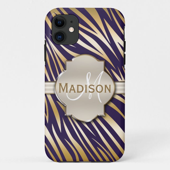 Coques Case-Mate iPhone Monogramme Gold Purple Zebra Motif d'impression (Dos)