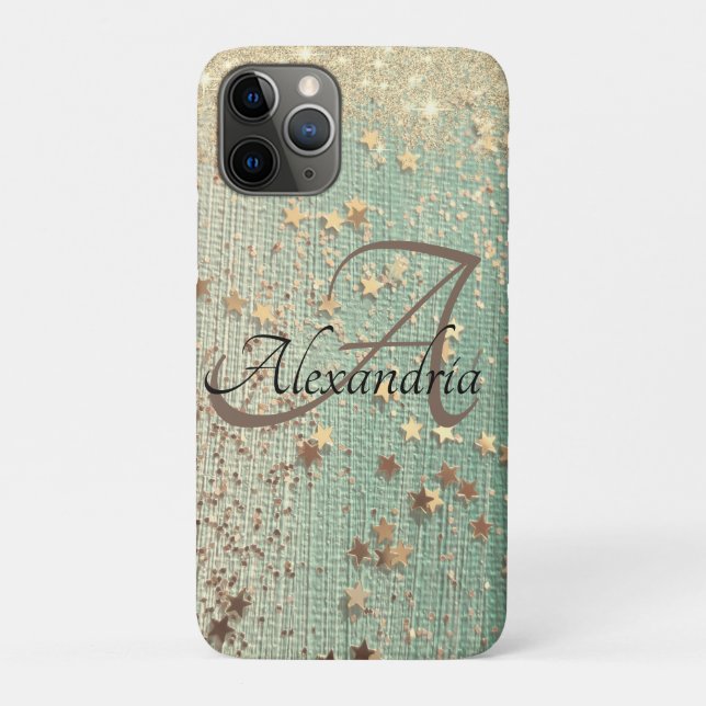 Coques Case-Mate iPhone Monogramme Gold Stars sur Sea Green          (Dos)