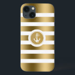iPhone 13 Case Monogramme Gold & White Stripes Ancre nautique<br><div class="desc">Elégant design moderne tons or rayures sur arrière - plan blanc. Ancrage nautique blanc. monogramme personnalisable et optionnel.</div>