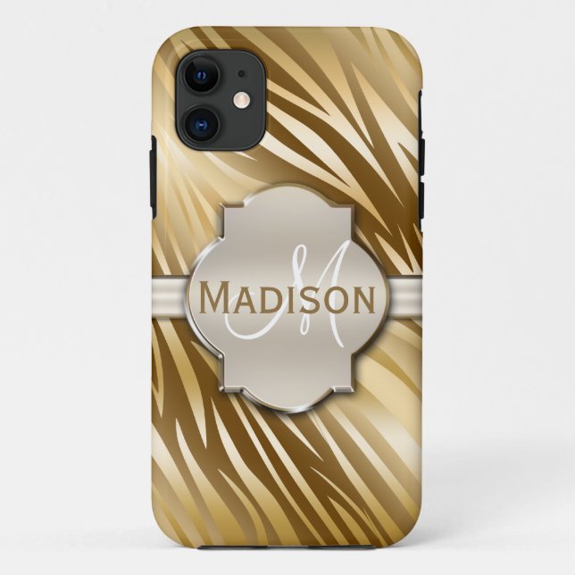 Coques Case-Mate iPhone Monogramme Gold Zebra Motif d'impression (Dos)