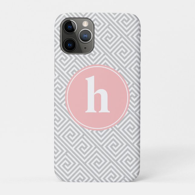 Coques Case-Mate iPhone Monogramme grec gris et rose de motif principal (Dos)