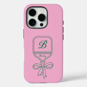 Coque iPhone 16 Pro Monogramme Green Bow Pickleball Paddle rose