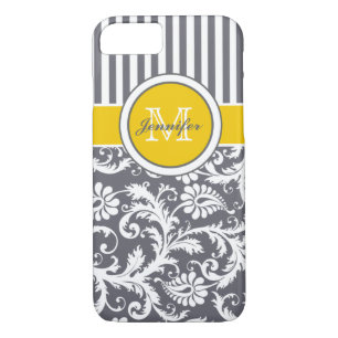 Coques Pour iPhone Monogramme gris jaune blanc rayé Damas