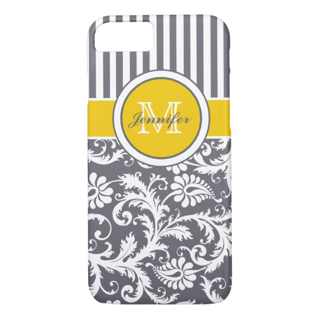 Coques Case-Mate iPhone Monogramme gris jaune blanc rayé Damas (Dos)