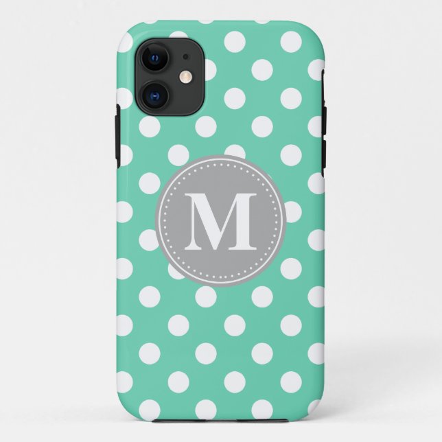 Coques Case-Mate iPhone Monogramme gris Pois blanc et menthe (Dos)