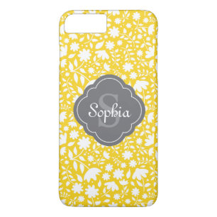 Coque iPhone 7 Plus Monogramme gris Quatrefoil Jaune Motif Floral