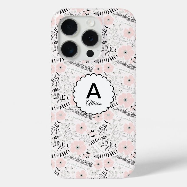 Coques Case-Mate iPhone Monogramme Gris Rose Whimsical Flowers (Verso)