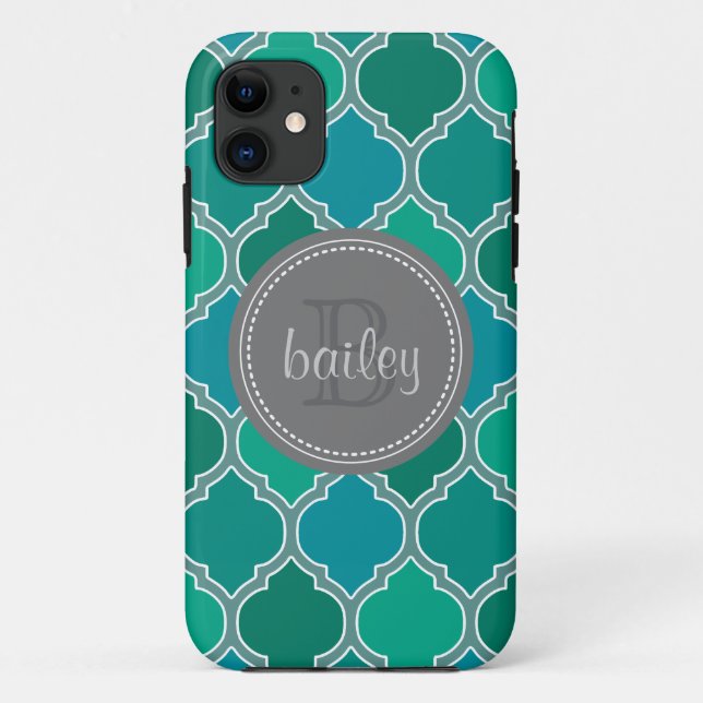 Coques Case-Mate iPhone Monogramme Gris Turquoise moderne treillis Motif (Dos)
