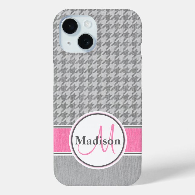 Coques Case-Mate iPhone Monogramme Houndstooth Motif Gris et rose (Verso)