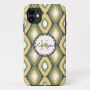 Coque iPhone 11 Monogramme Ikat Diamonds Motif Sage Jaune