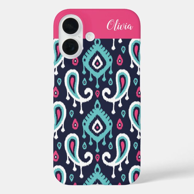 Coques Case-Mate iPhone Monogramme Ikat Paisley Navy et Rose (Verso)