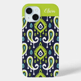 Coque Case-Mate iPhone Monogramme Ikat Paisley Navy et Vert