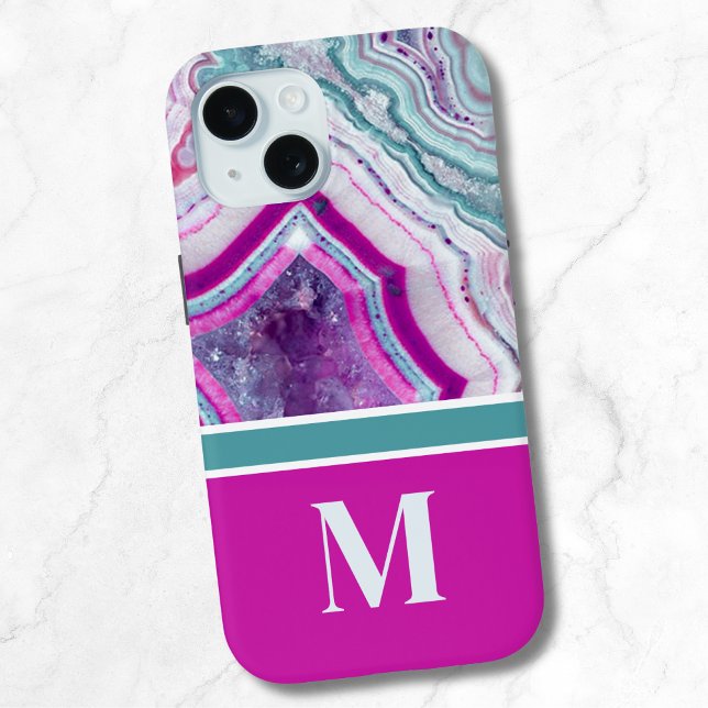 Coques Case-Mate iPhone Monogramme initial de pierre moderne (Stylish Modern Teal Magenta Stone Initial Monogram iPhone 15 Case)