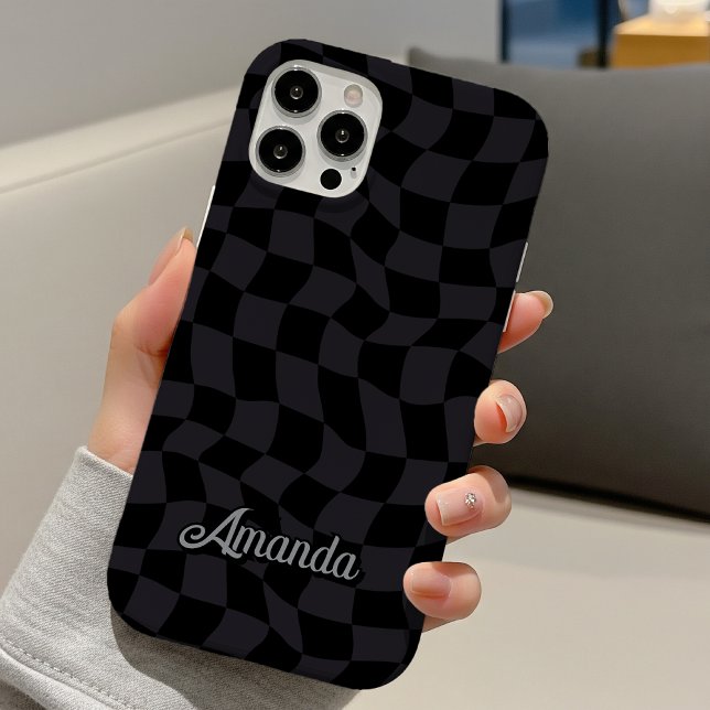 Coques Case-Mate iPhone Monogramme Initial Élégant Gris Noir à Damier (Créateur téléchargé)