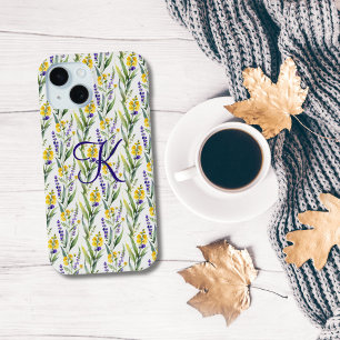 Coque Case-Mate iPhone Monogramme Initial Fleurs Sauvages Violettes Jaune
