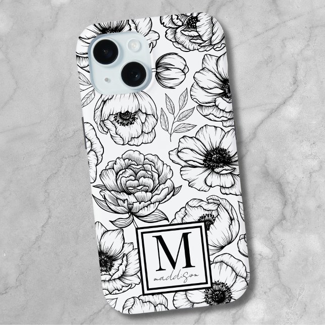 Coques Case-Mate iPhone Monogramme Initial Floral Élégant et Chic (Chic Stylish Floral Initial Monogram iPhone 15 Case)