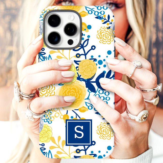Coques Case-Mate iPhone Monogramme Initial Floral Jaune et Bleu (Créateur téléchargé)