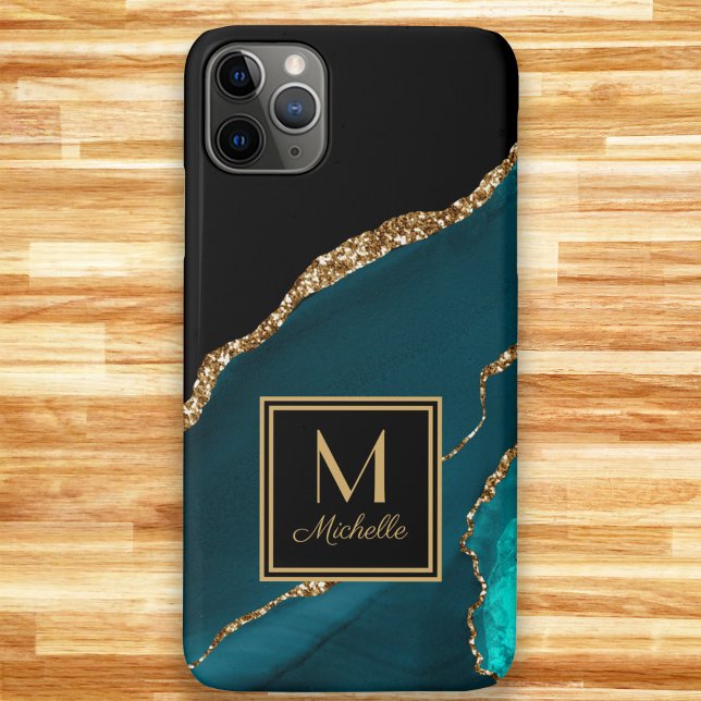 Coques Case-Mate iPhone Monogramme Initial Nom Élégant Sarcelle Noir Or  (Teal, black, and gold marble monogram phone case.  Transfer this design to any style phone case )