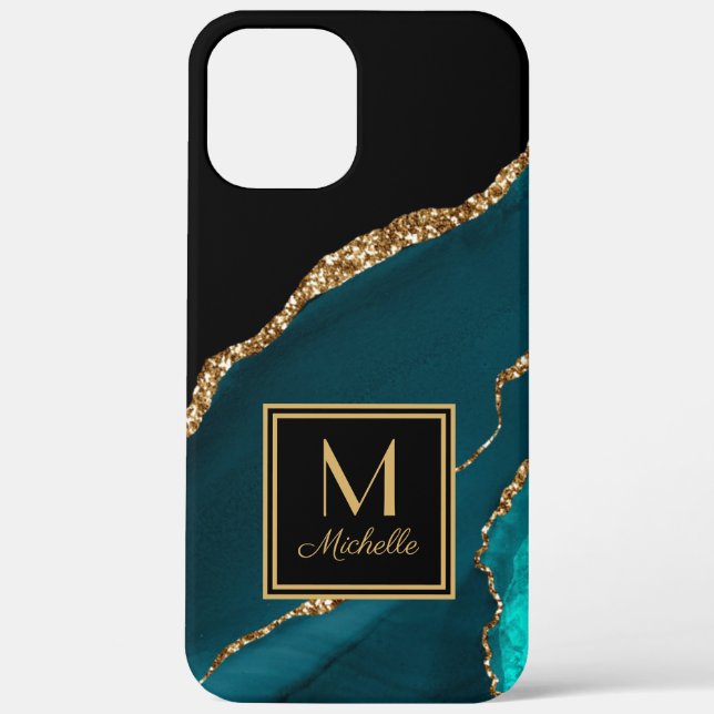 Coques Case-Mate iPhone Monogramme initial nom élégant sarcelle noir or   (Verso)