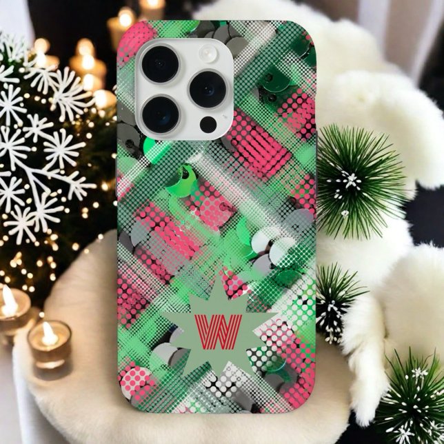 Coques Case-Mate iPhone monogramme initial plaid tartan rouge vert festif (Créateur téléchargé)
