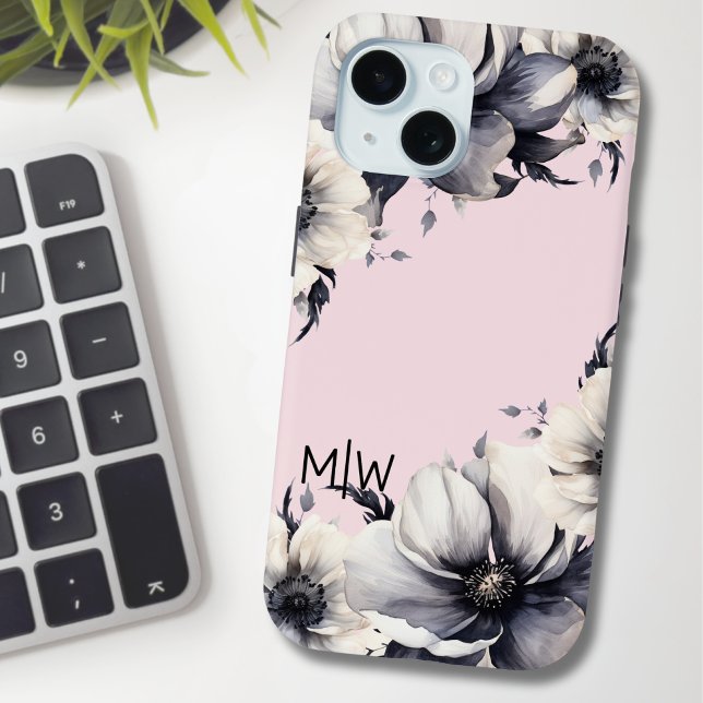 Coques Case-Mate iPhone Monogramme initial rose pâle (Chic Girly Floral Black White Blush Pink Monogram Case-Mate iPhone Case)