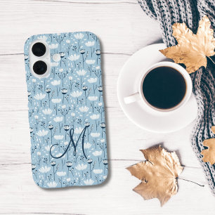 Coque Pour iPhone 16 Monogramme Initiale Boho Bleu Flore Blanche tendan