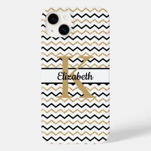 Coque Case-Mate iPhone Monogramme Initiale du Nom Noir Or Chevron Zig Zag